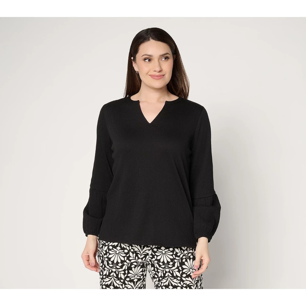Belle by Kim Gravel Packabelle Blouson Sleeve Split Neck Top Black, 2X   #925A